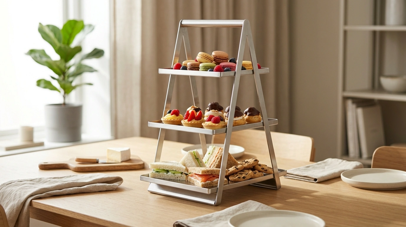 Foldable Nordic 3-Tier Stainless Dessert Stand (Handle)