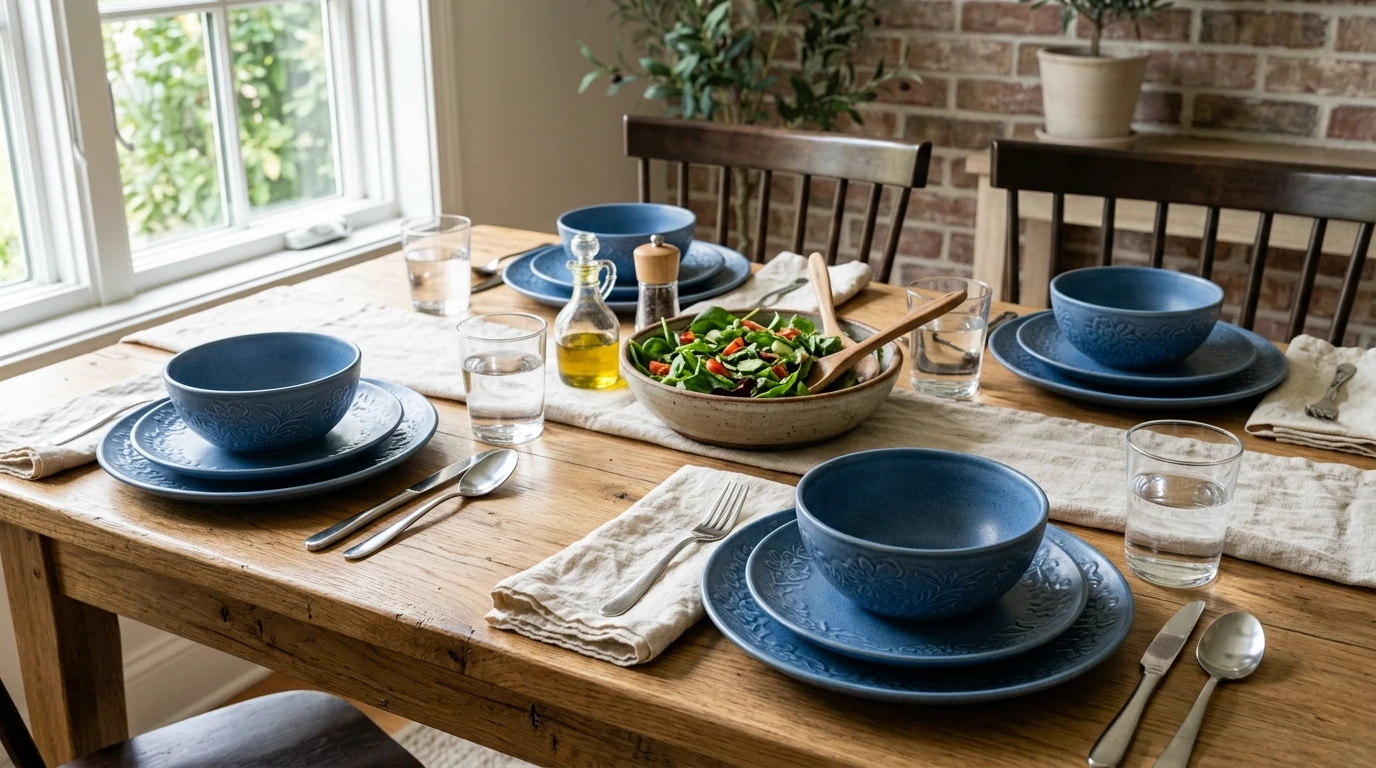 Blue Stoneware Dinner Set: Effortless Floral Elegance