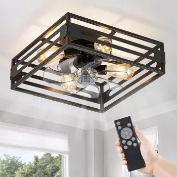 Square Caged Flush Mount Fan: Light, Remote & 6 Speeds