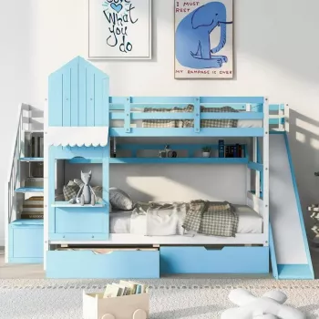 Castle Full-Over-Full Bunk Bed with Slide, Stairs & Drawers