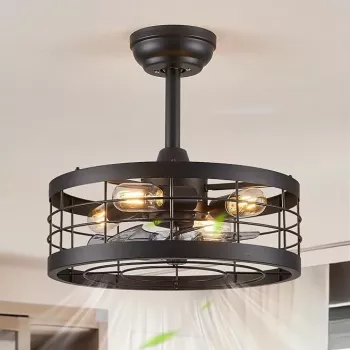 Compact Industrial Caged Ceiling Fan (16.5") w/ Light + Remote